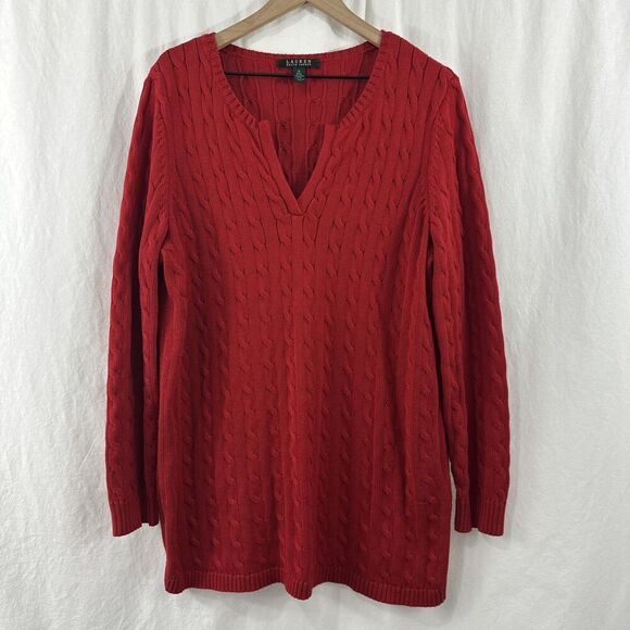 Lauren Ralph Lauren Red Cableknit Festive Preppy Split Vneck Sweater Womens 1X - Picture 1 of 10